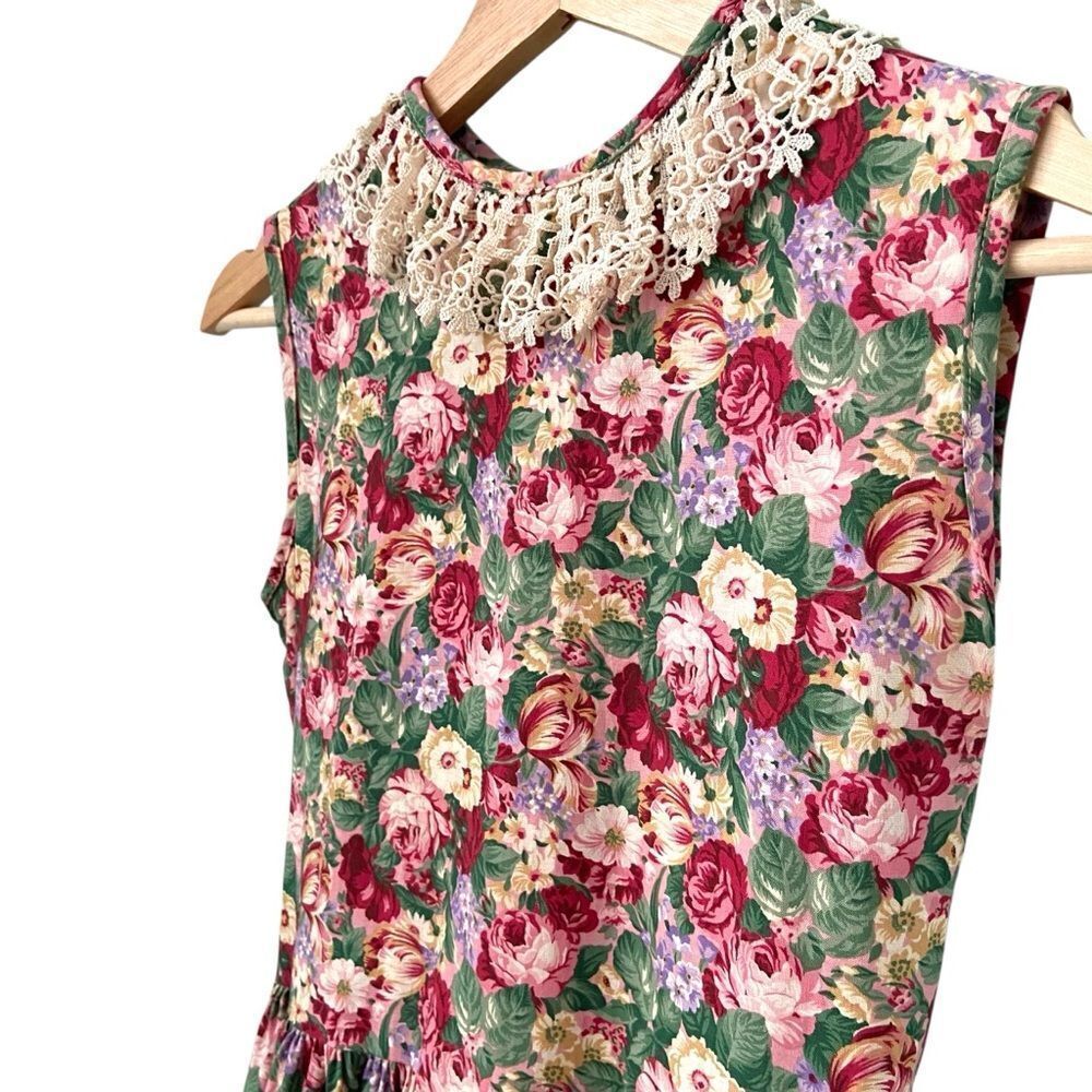 Vintage Three Blind Mice Floral Sleeveless Dress with Lace Collar in Size 14 - Picture 6 of 10